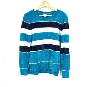 NEW Maison Jules striped eyelash knit chenille sweater blue pullover metallic L